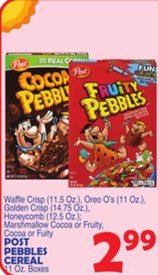 Bravo Supermarkets Post pebbles cereal 11 oz. boxes offer
