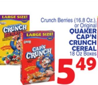 Bravo Supermarkets Quaker cap'n crunch cereal, 18 oz boxes offer
