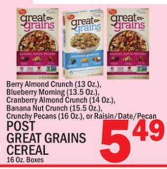 C Town Post great grains cereal 16 oz. boxes offer