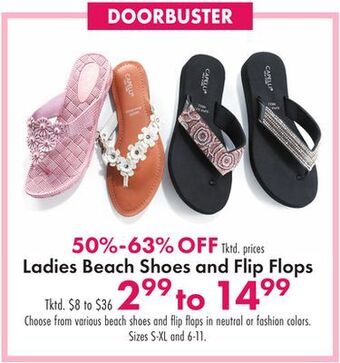 Boscov's Ladies beach shoes and flip flops offer