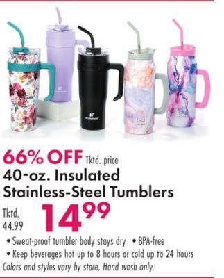 Boscov's 40-oz insulated stainless-steel tumblers offer