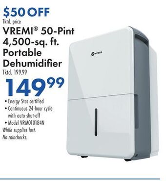 Boscov's Vremi® 50-pint 4, 500-sq. ft. portable dehumidifier offer