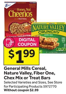 Stop&Shop General mills cereal, nature valley, fiber one, chex mix or treat bars offer