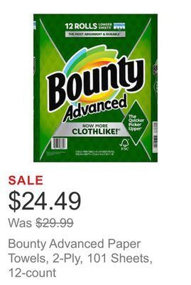 Costco Bounty advanced paper towels, 2-ply, 101 sheets, 12-count offer