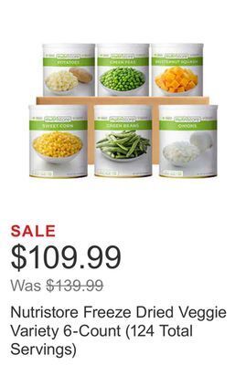 Costco Nutristore freeze dried veggie variety 6-count (124 total servings) offer