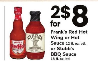 ACME Frank's red hot wing or hot sauce 12 fl. oz. btl. or stubb's bbq sauce 18 fl. oz. btl. offer