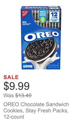 Costco Oreo chocolate sandwich cookies, stay fresh packs, 12-count offer