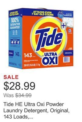 Costco Tide he ultra oxi powder laundry detergent, original, 143 loads, 250 oz offer