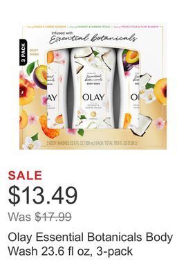 Costco Olay essential botanicals body wash 23.6 fl oz, 3-pack offer