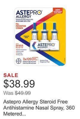 Costco Astepro allergy steroid free antihistamine nasal spray, 360 metered sprays offer