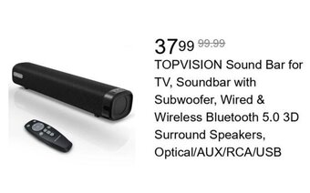 Walmart TOPVISION Sound Bar for TV, Soundbar with Subwoofer, Wired & Wireless Bluetooth 5.0 3D Surround Speakers, Optical/AUX/RCA/USB offer