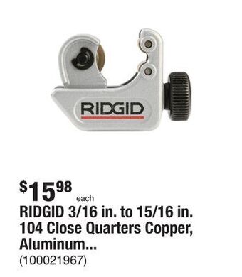 The Home Depot Ridgid 3/16 in. to 15/16 in. 104 close quarters copper, aluminum, brass, and plastic tubing cutter, multi-use tubing tool offer