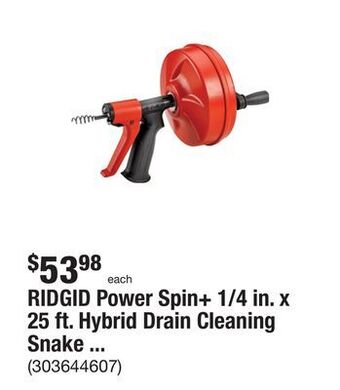 The Home Depot Ridgid power spin+ 1/4 in. x 25 ft. hybrid drain cleaning snake auger (manual or cordless drill operated, tool only) offer