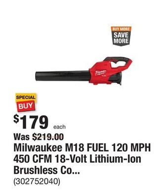 The Home Depot Milwaukee m18 fuel 120 mph 450 cfm 18-volt lithium-ion brushless cordless handheld blower (tool-only) offer