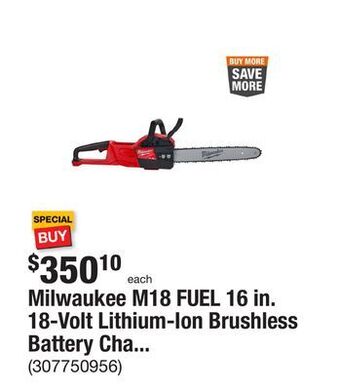 The Home Depot Milwaukee m18 fuel 16 in. 18-volt lithium-ion brushless battery chainsaw (tool-only) offer