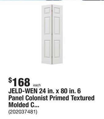 The Home Depot Jeld-wen 24 in. x 80 in. 6 panel colonist primed textured molded composite hollow core closet bi-fold door offer