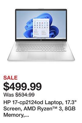 Office Depot Hp 17-cp2124od laptop, 17.3 screen, amd ryzen™ 3, 8gb memory, 256gb solid state drive, wi-fi 6, windows® 11 home offer