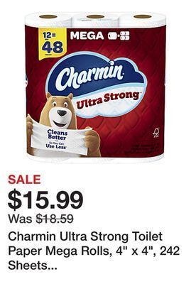 Office Depot Charmin ultra strong toilet paper mega rolls, 4 x 4, 242 sheets per roll, pack of 12 rolls offer