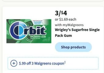 Walgreens Wrigley's sugarfree single pack gum offer