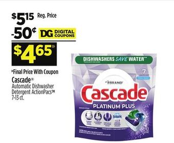 Dollar General Cascade® automatic dishwasher detergent actionpacs offer