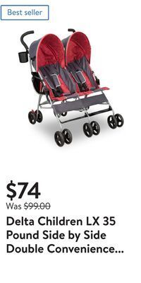 Walmart Delta children lx 35 pound side by side double convenience stroller, red & gray offer
