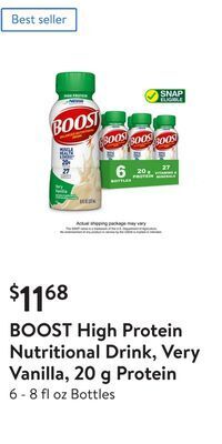 Walmart Boost high protein nutritional drink, very vanilla, 20 g protein offer