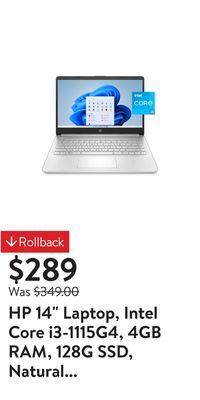 Walmart Hp 14 laptop, intel core i3-1115g4, 4gb ram, 128g ssd, natural silver, windows 11 home in s mode, 14-dq2031wm offer