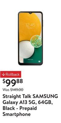 Walmart Straight talk samsung galaxy a13 5g, 64gb, black - prepaid smartphone offer