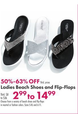 Boscov's Ladies beach shoes and flip-flops offer