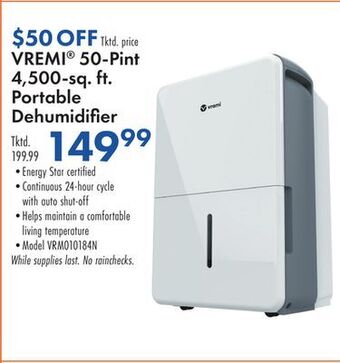 Boscov's Vremi® 50-pint 4,500-sq. ft. portable dehumidifier offer
