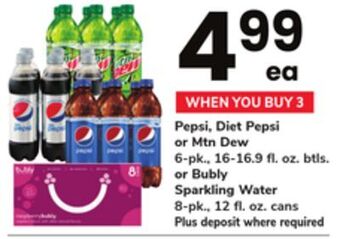 ACME Pepsi, diet pepsi or mtn dew 6-pk., 16-16.9 fl. oz. btls. or bubly sparkling water 8-pk., 12 fl. oz. cans offer
