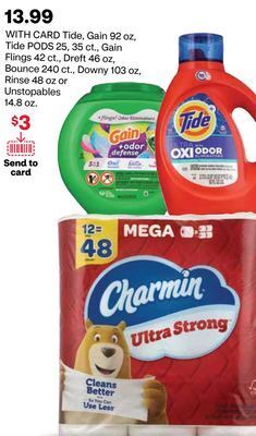 CVS Tide, gain 92 oz, tide pods 25, 35 ct., gain flings 42 ct., dreft 46 oz, bounce 240 ct., downy 103 oz, rinse 48 oz or unstopa offer