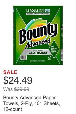 Costco Bounty advanced paper towels, 2-ply, 101 sheets, 12-count offer