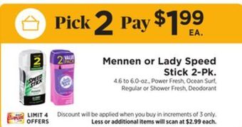 ShopRite Mennen or lady speed stick 2-pk offer