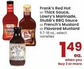 Albertsons Frank's Red Hot or Thick Sauce, Lawry's Marinade Stubb's BBQ Sauce offer