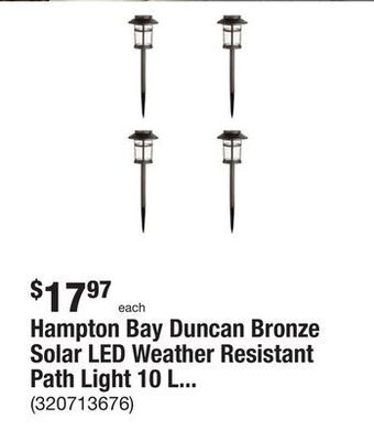 The Home Depot Hampton bay duncan bronze solar led weather resistant path light 10 lumens (4-pack) offer