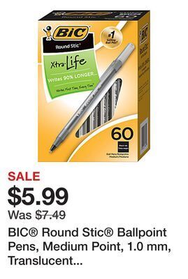 Office Depot Bic® round stic® ballpoint pens, medium point, 1.0 mm, translucent barrel, black ink, pack of 60 pens offer