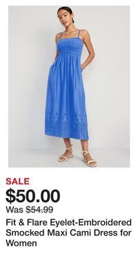 Old Navy Fit & flare eyelet-embroidered smocked maxi cami dress for women offer