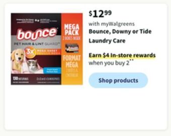 Walgreens Bounce, downy or tide laundry care offer
