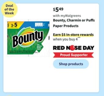 Walgreens Bounty, charmin or puffs paper products offer