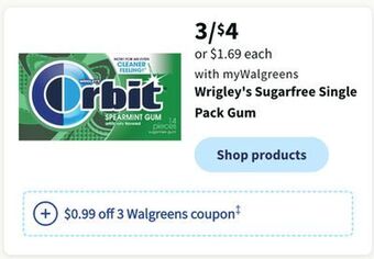 Walgreens Wrigley's sugarfree single pack gum offer