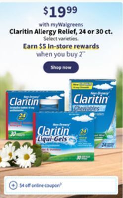 Walgreens Claritin allergy relief,24 or 30 ct. offer