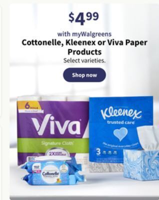 Walgreens Cottonelle, kleenex or viva paper products offer