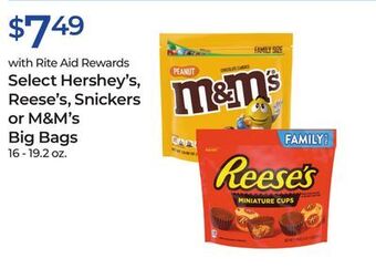 Rite Aid Select hershey's, reese's snickers or m&m's big bags offer