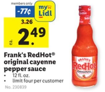 Lidl Frank's redhot® original cayenne pepper sauce offer