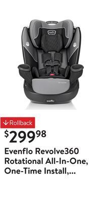 Walmart Evenflo revolve360 rotational all-in-one, one-time install, 360-degree rotating infant, forward-facing, booster modes 10-year offer