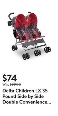 Walmart Delta children lx 35 pound side by side double convenience stroller, red & gray offer