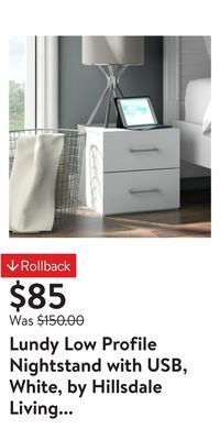 Walmart Lundy low profile nightstand with usb, white, by hillsdale living essentials offer