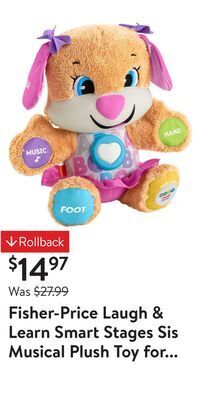 Walmart Fisher-price laugh & learn smart stages sis musical plush toy for infants and toddlers offer