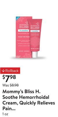 Walmart Mommy's bliss h. soothe hemorrhoidal cream, quickly relieves pain and itchiness, over the counter offer
